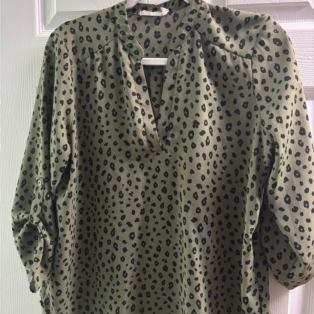 Lush Green Animal Print  3/4 Sleeve Relaxed Blouse with Mandarin Collar
